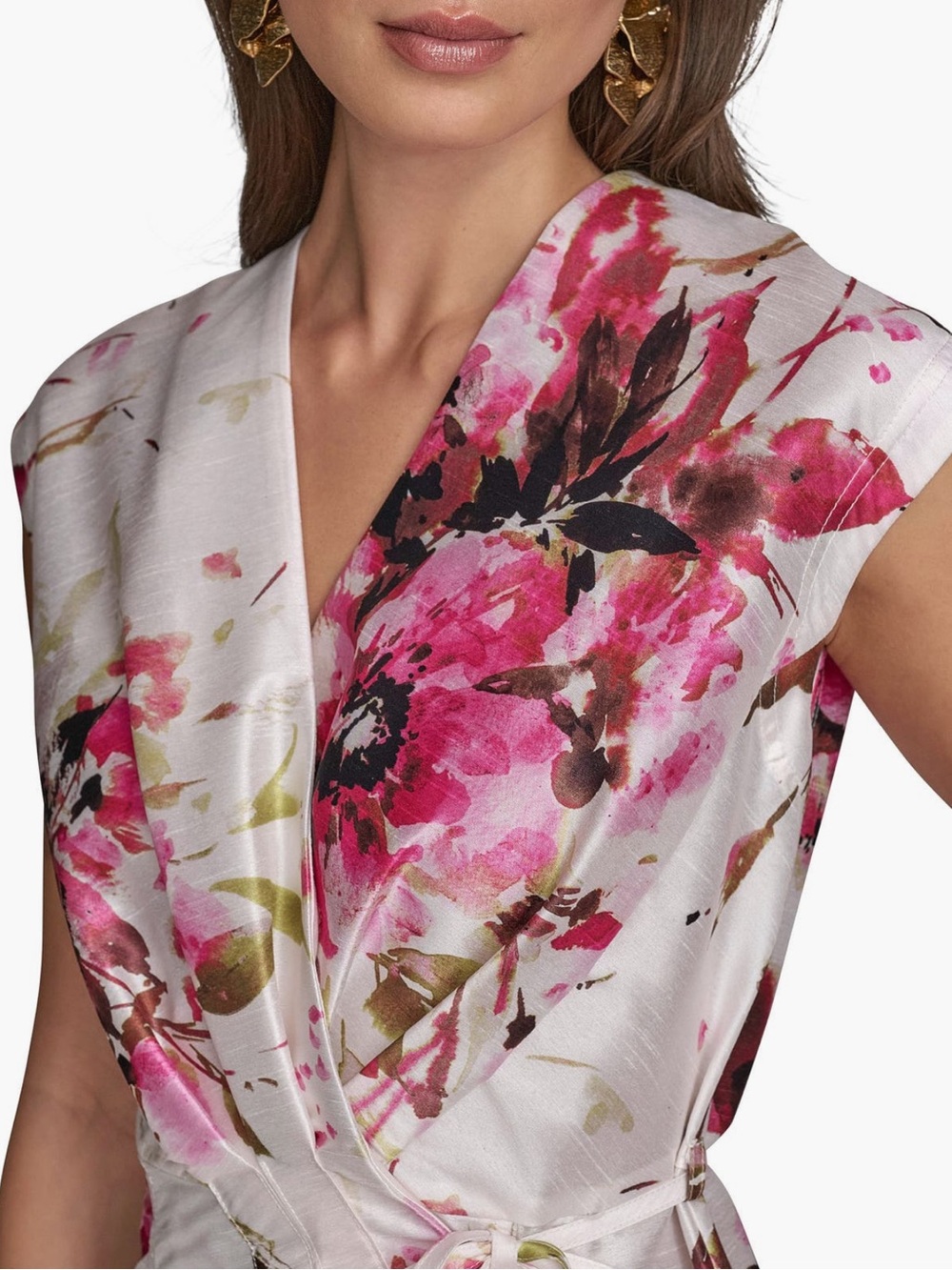 Donna Karan New York Floral Tiered Dupioni Wrap Dress Size 2 Ivory Pink NWT $179 - Picture 4 of 16